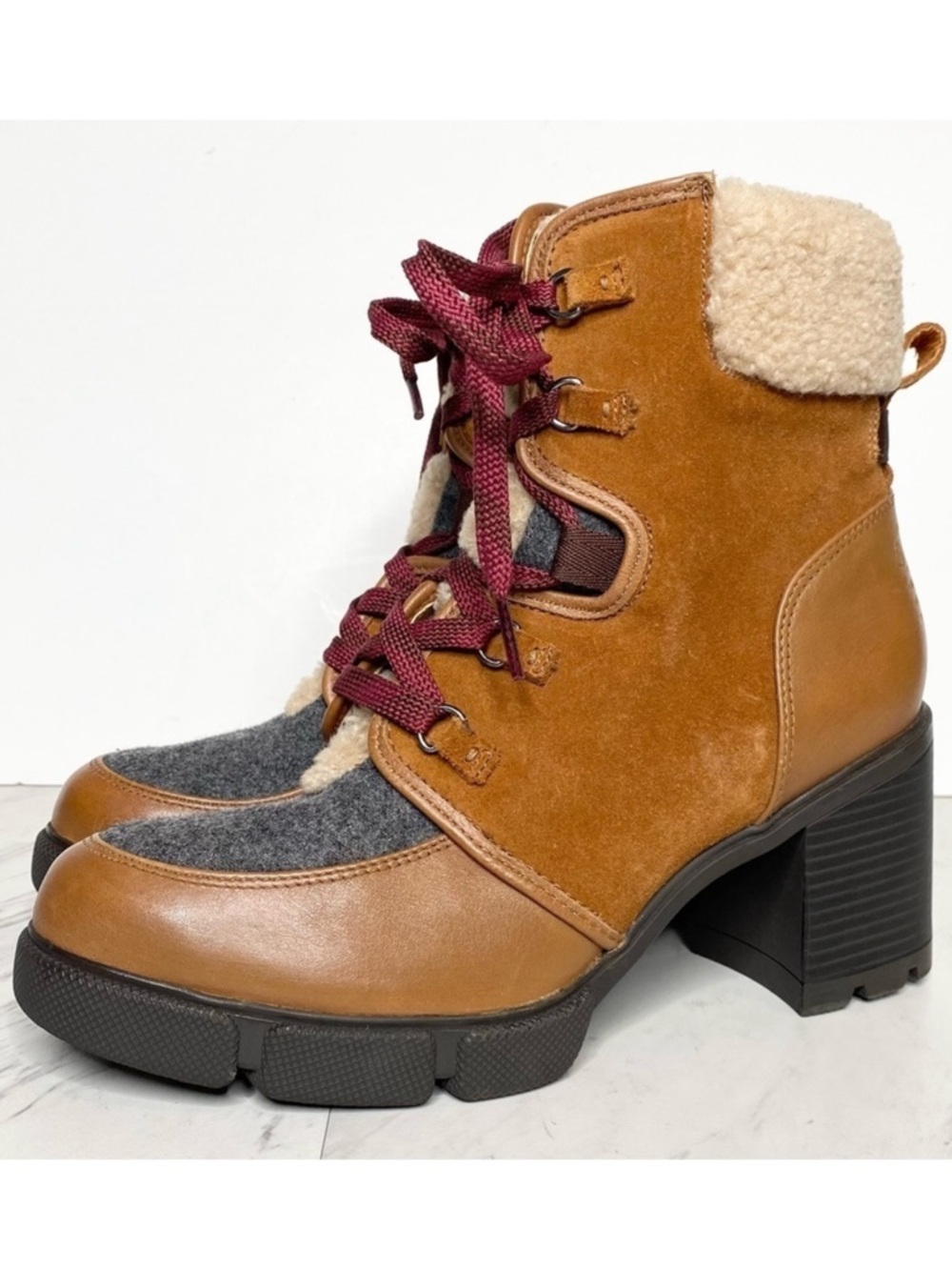 New! Naturalizer Myla Brown Lace Up Faux Fur Heeled Bootie 9 1/2 M